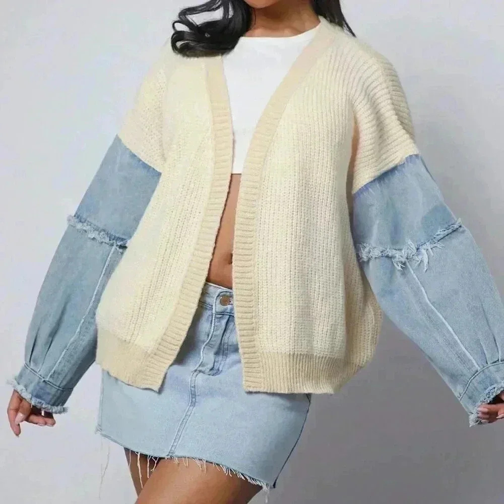 Beige Casual Women's Colorblock Mixed Fabric Sleeve Open Cardigan - Picture 1 of 5